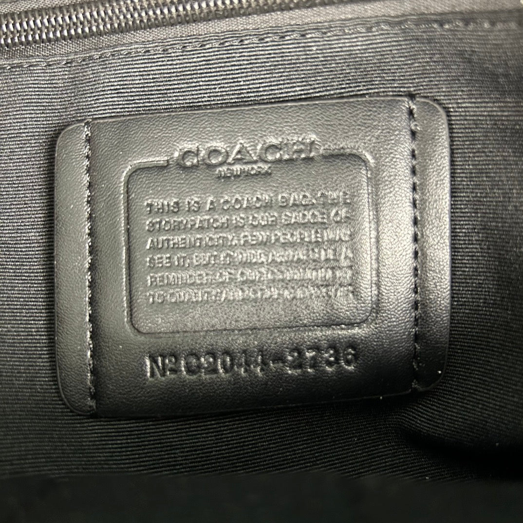Coah backpack leather brand patch with authentication text and serial number