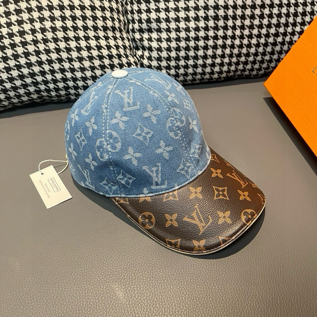Louis Vuitton denim cap with blue monogram crown and brown monogram side under brim