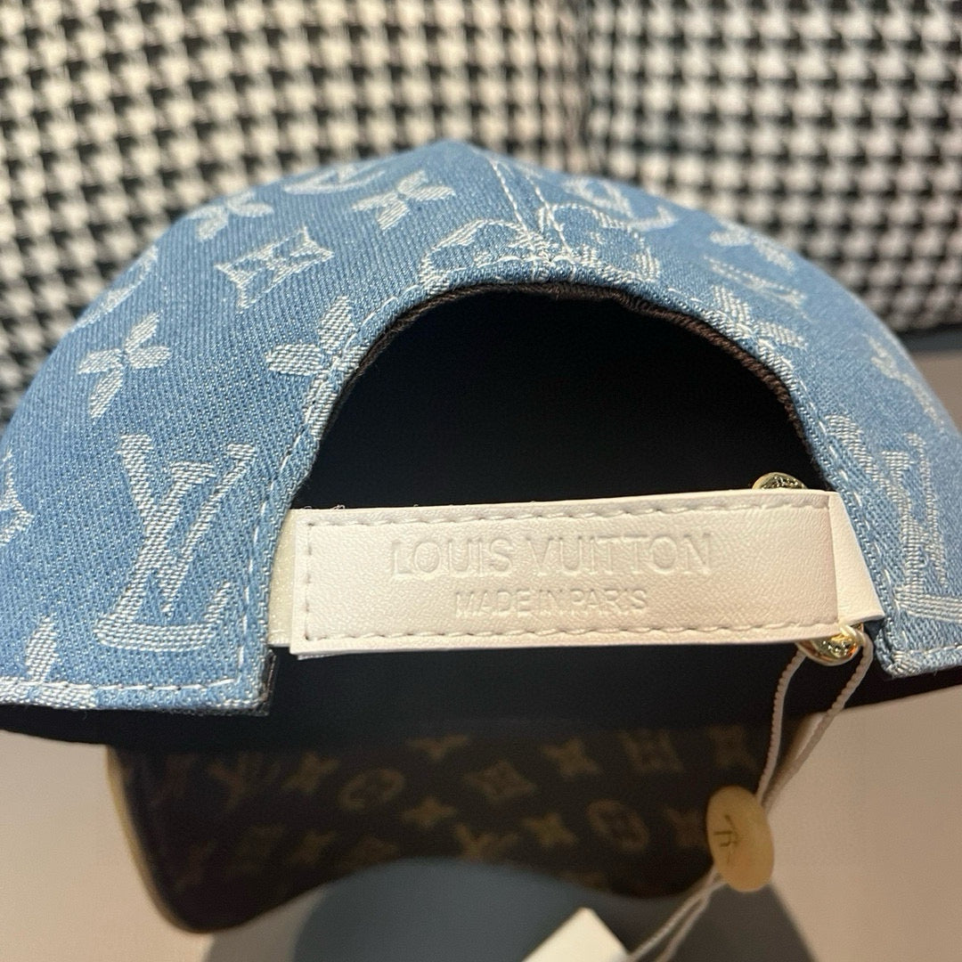 Louis Vuitton cap interior label on adjustable strap inside blue monogram crown