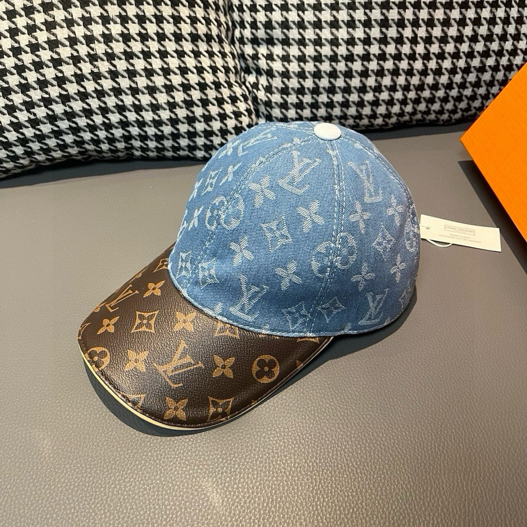 Louis Vuitton denim cap with blue monogram crown and brown monogram under brim