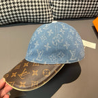 Louis Vuitton denim cap with blue monogram crown and brown monogram under brim