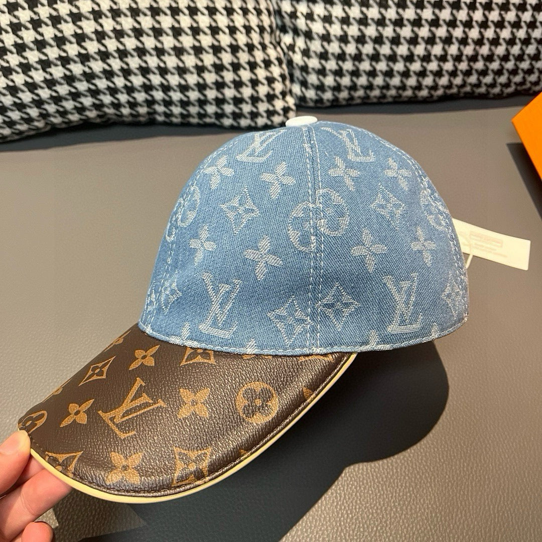 Louis Vuitton denim cap with blue monogram crown and brown monogram under brim
