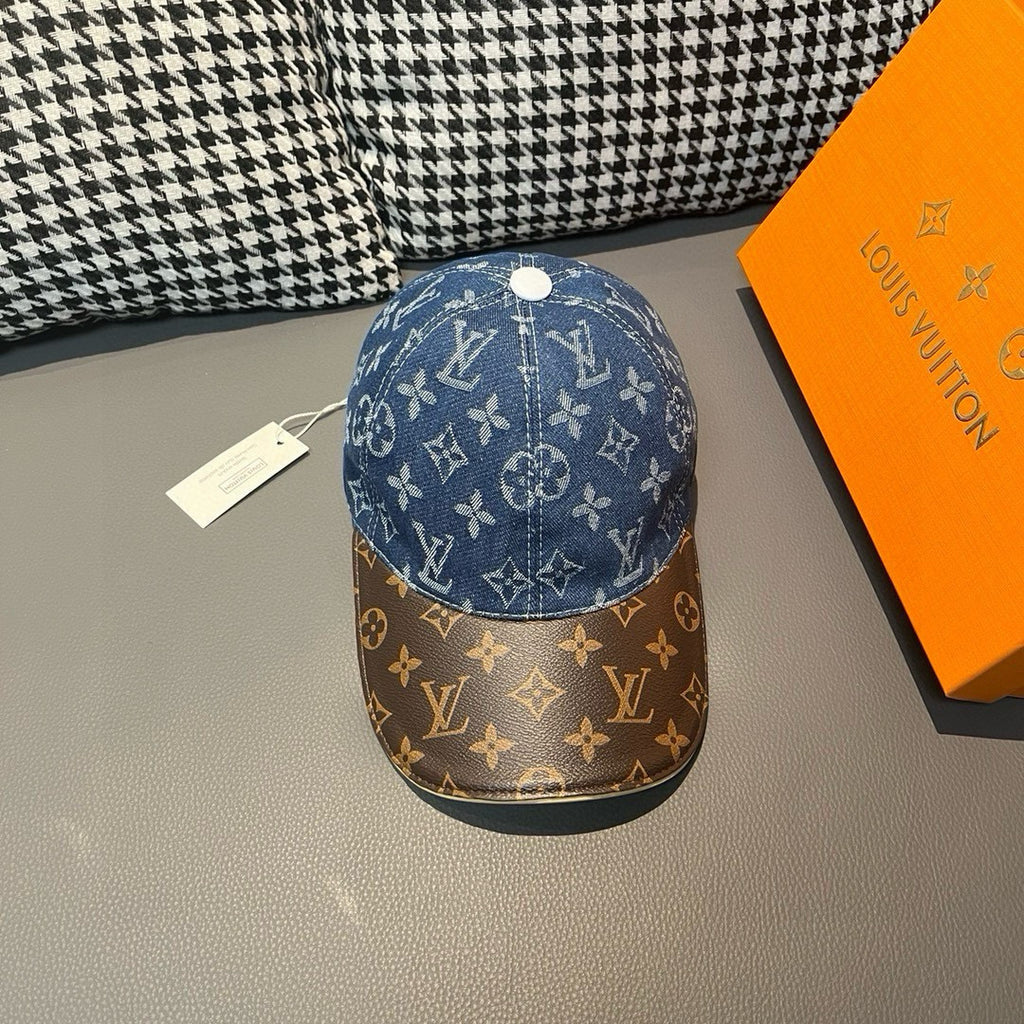 Louis Vuitton monogram baseball cap with blue top and brown patterned brim
