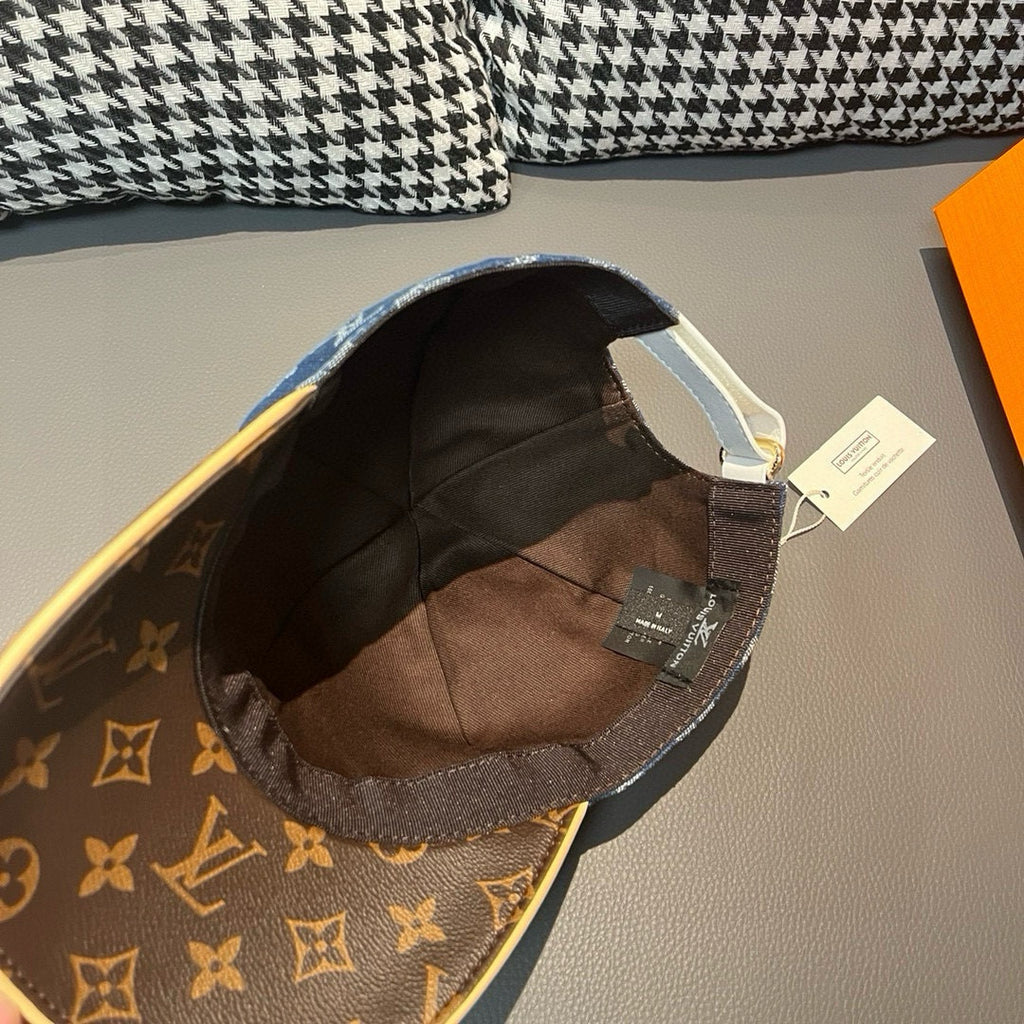 Inside of monogram baseball cap, showing brown interior lining