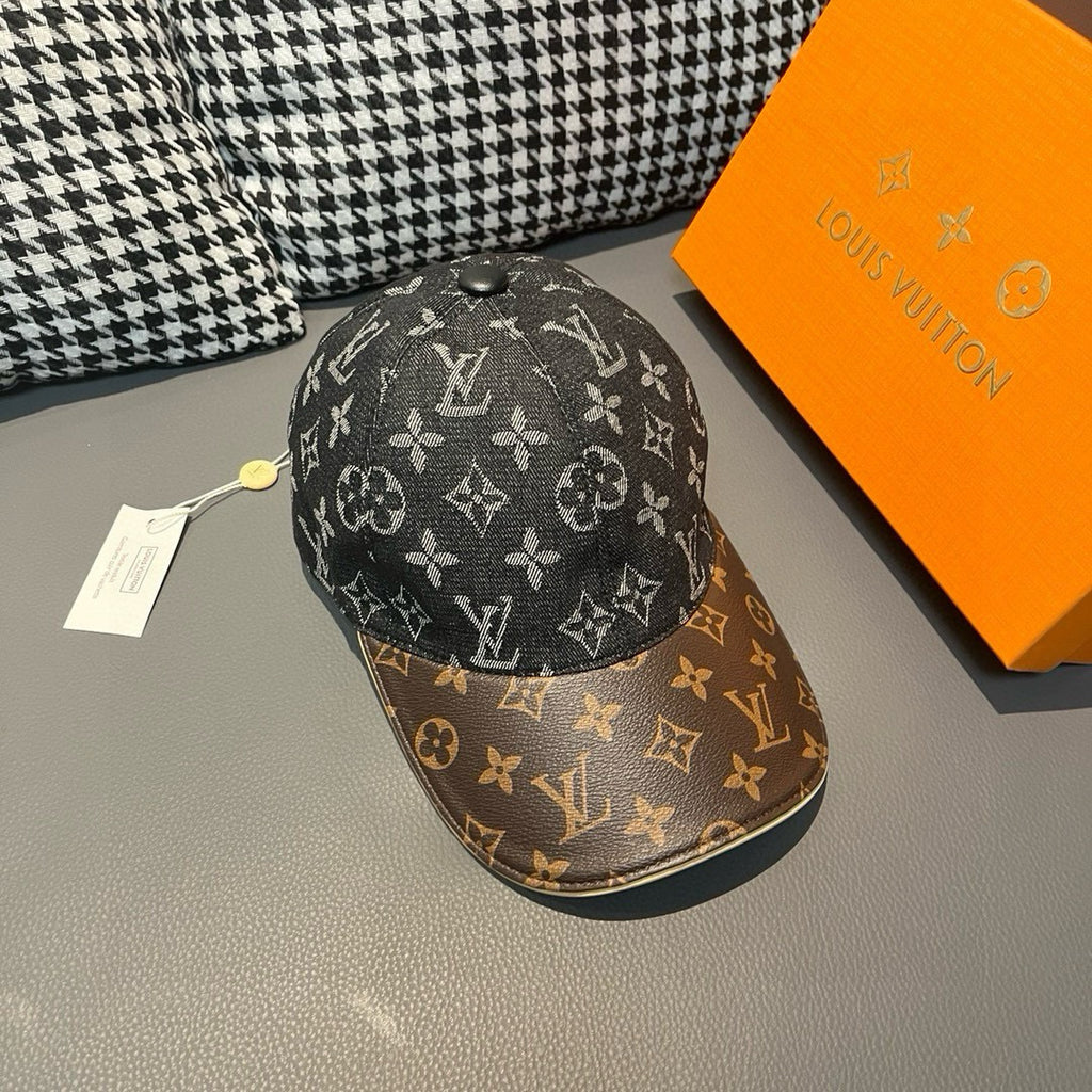 Louis Vuitton monogram cap with dark top and brown patterned brim, side view
