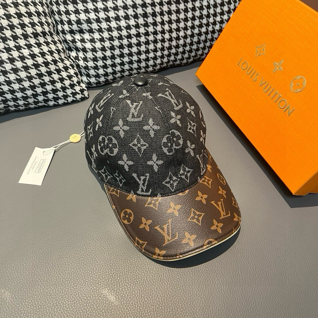 Louis Vuitton monogram cap with dark top and brown patterned brim, side view