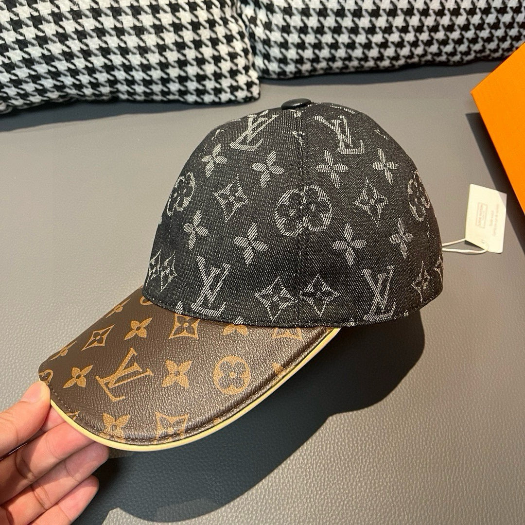 Louis Vuitton monogram cap with dark crown and brown brim, close side view