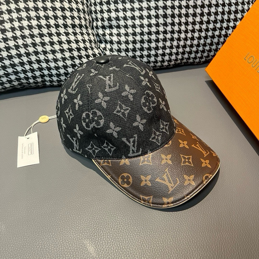 Louis Vuitton monogram cap with dark crown and brown brim, front-left view