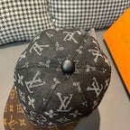 Louis Vuitton monogram cap with dark crown, top button detail