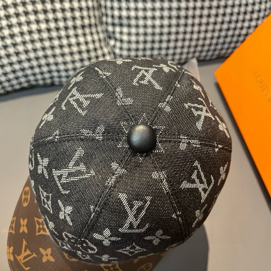 Louis Vuitton monogram cap with dark crown, top button detail
