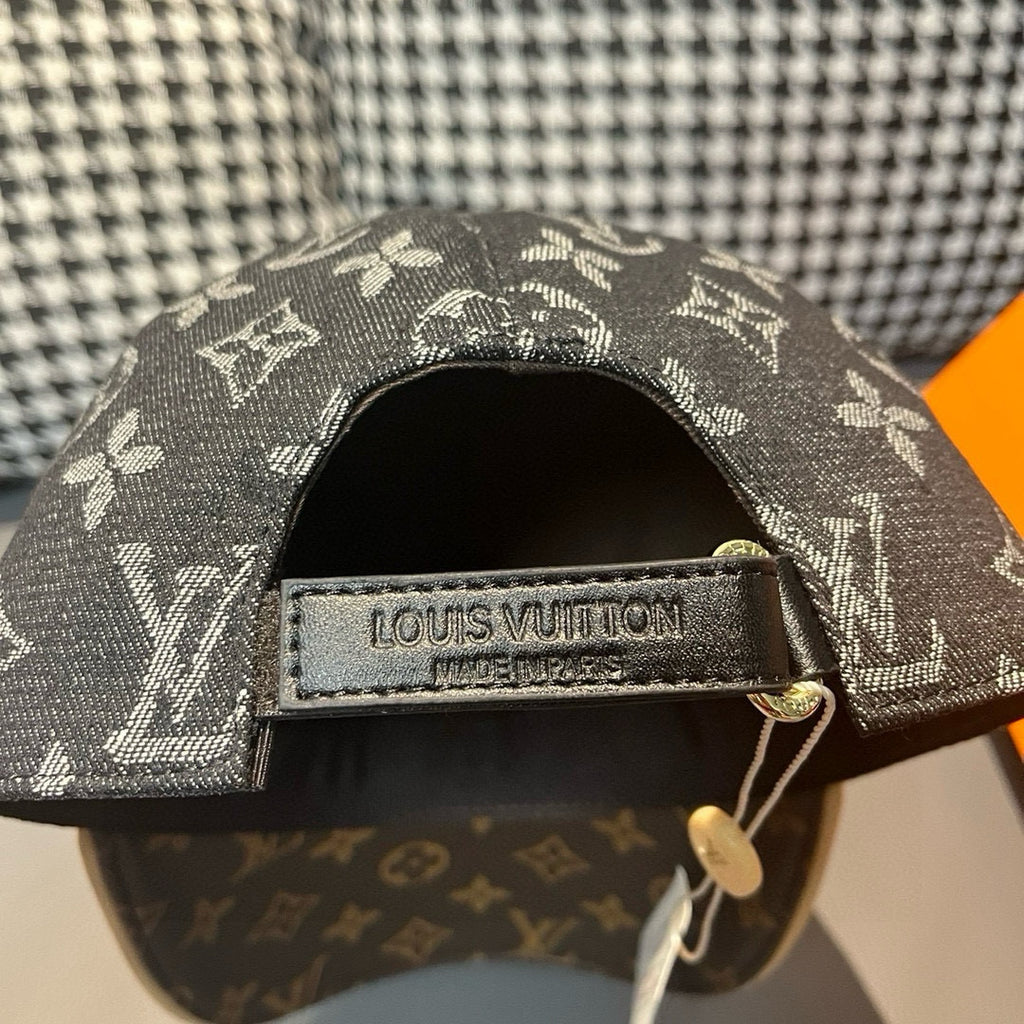 Louis Vuitton cap label inside, adjustable strap and dark monogram fabric