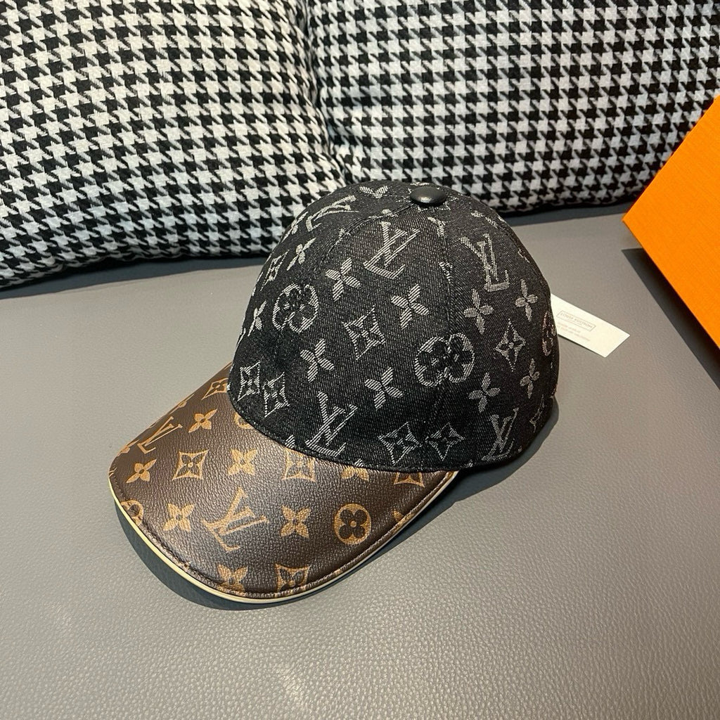 Louis Vuitton monogram cap with dark crown and brown brim, angled view