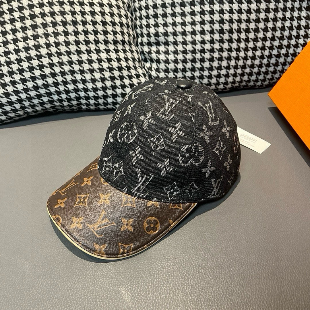 Louis Vuitton monogram cap with dark crown and brown brim, angled view