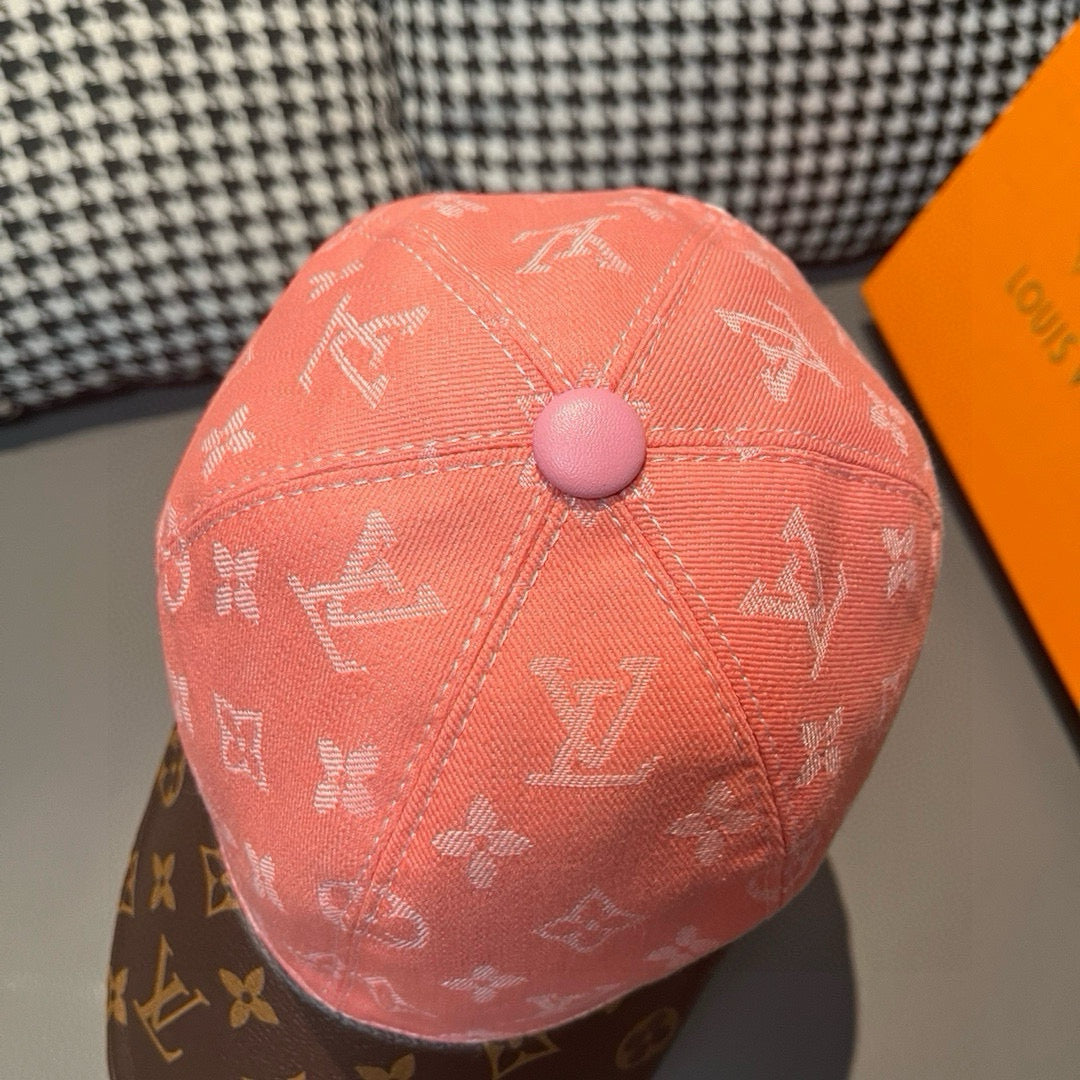 Louis Vuitton cap top view, pink monogram fabric with round pink button