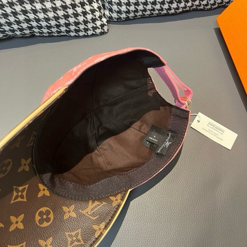 Louis Vuitton cap interior, dark brown monogram brim with black lining and tag