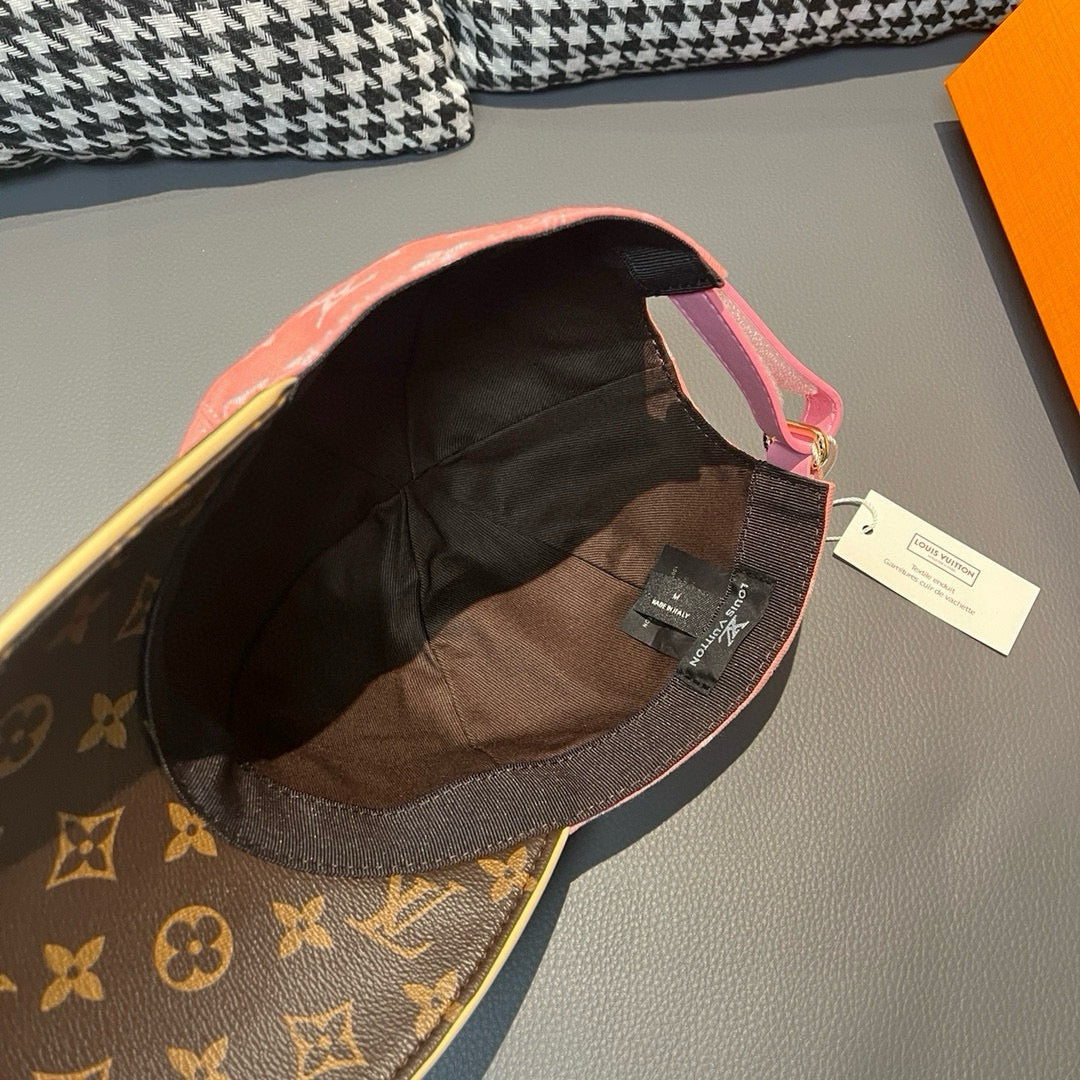 Louis Vuitton cap interior, dark brown monogram brim with black lining and tag
