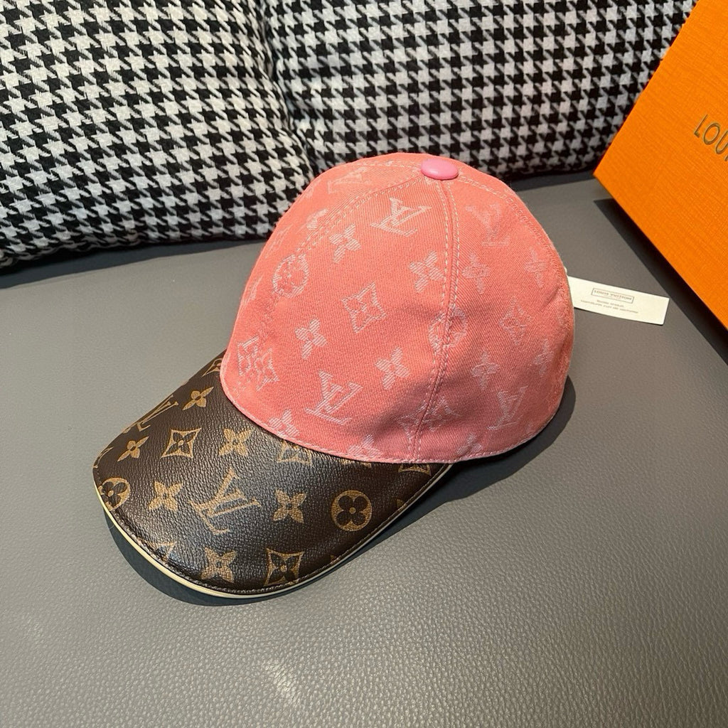Louis Vuitton baseball cap, pink monogram crown and dark brown logo brim