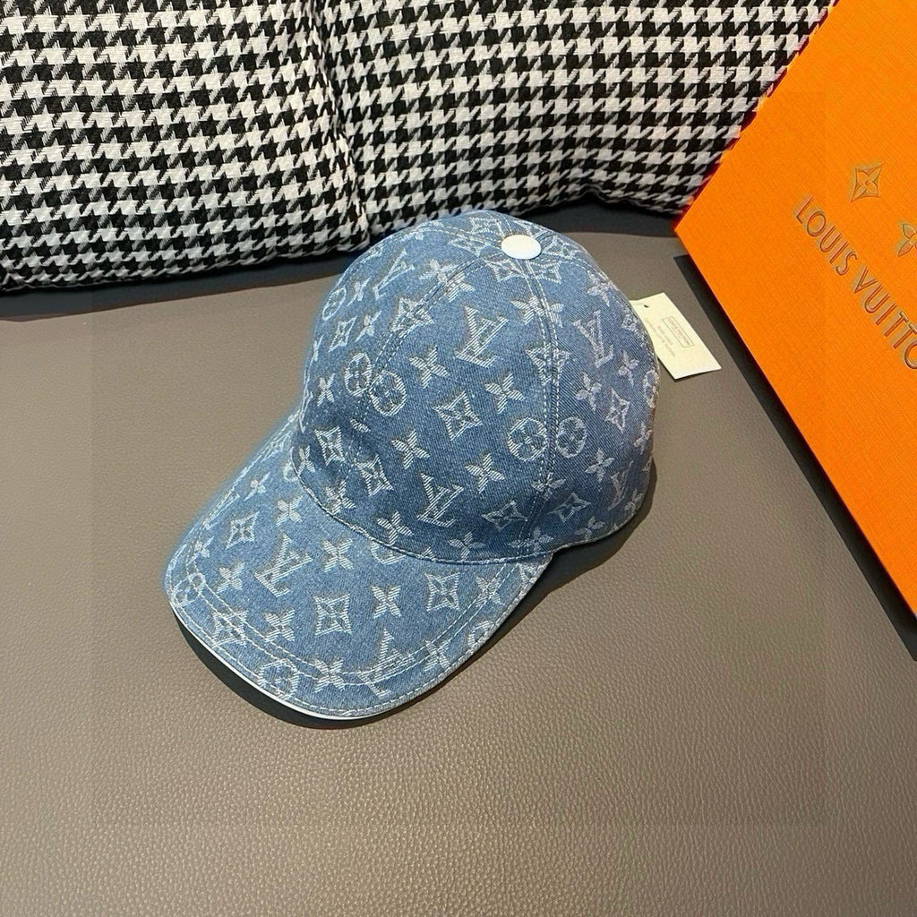 Denim baseball cap with blue monogram pattern and curved brim