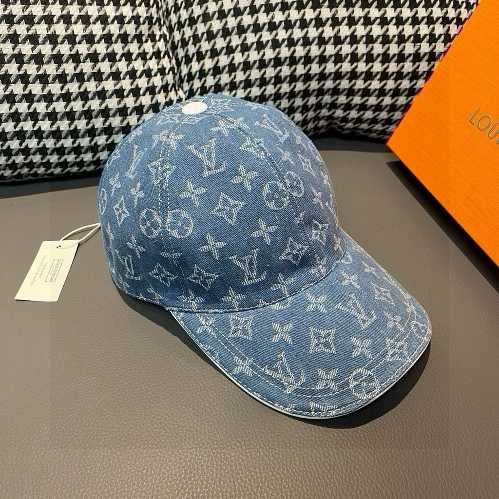 Denim baseball cap angled view with blue monogram pattern and curved brim