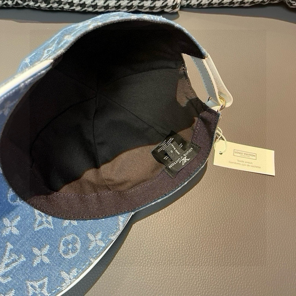 Denim baseball cap interior with dark lining and adjustable strap