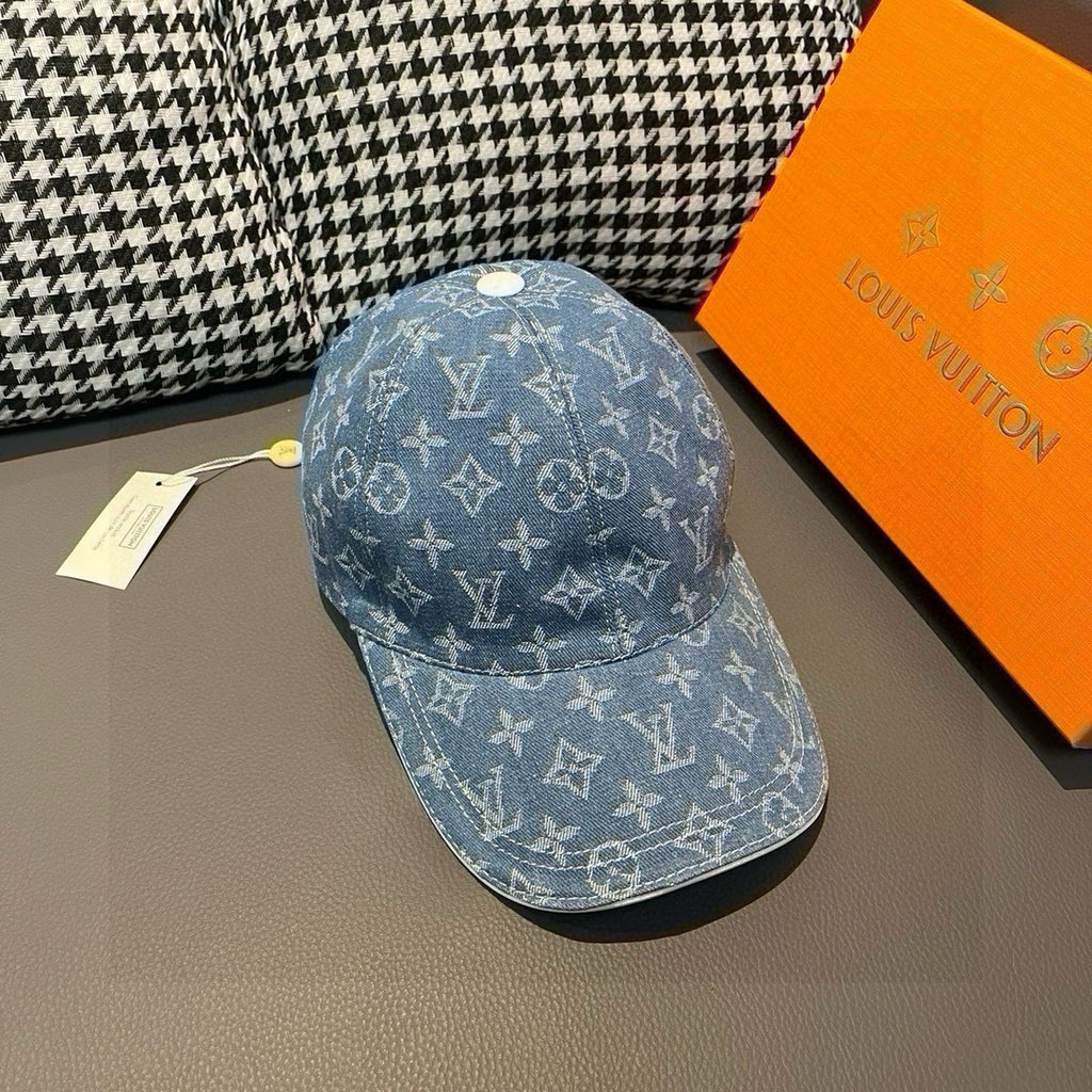 Denim baseball cap with all-over blue monogram pattern, curved brim