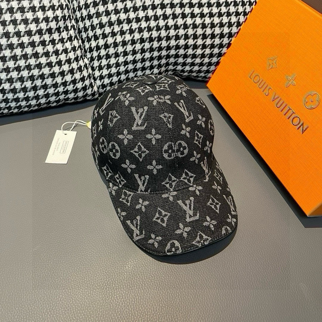 Louis Vuitton monogram baseball cap, black with repeating pattern, side view