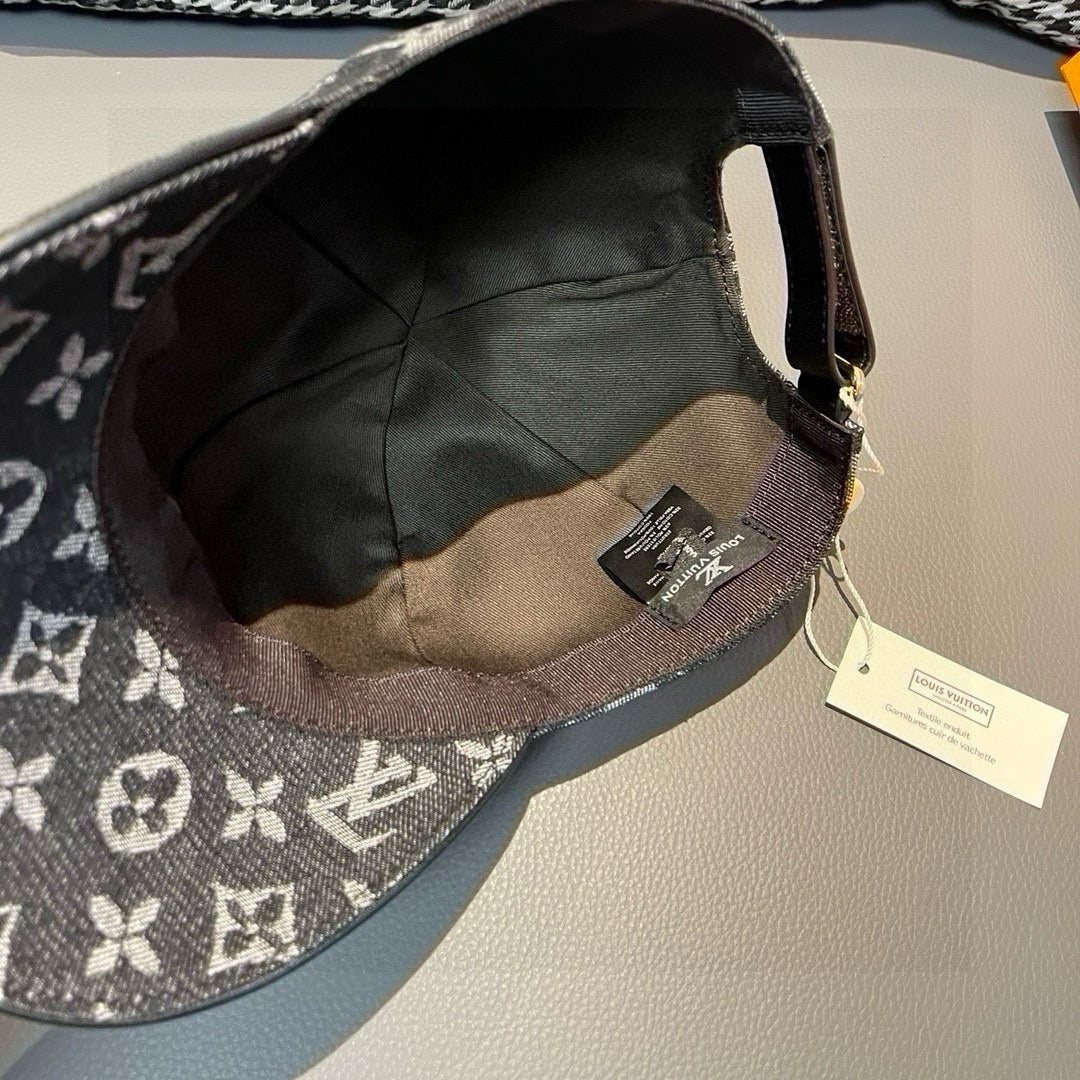 Louis Vuitton monogram baseball cap, interior lining and side strap tab visible