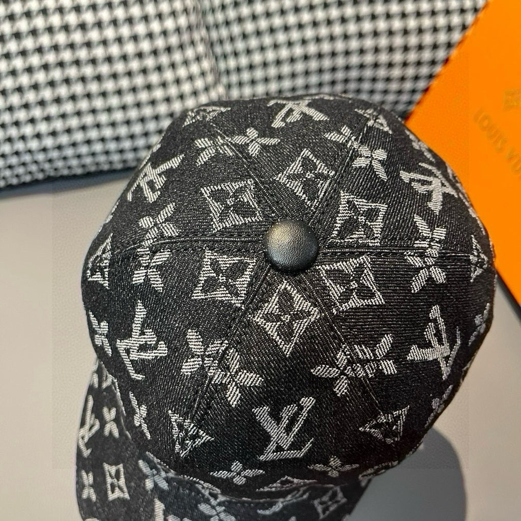 Louis Vuitton monogram baseball cap, black crown with textured pattern and top button