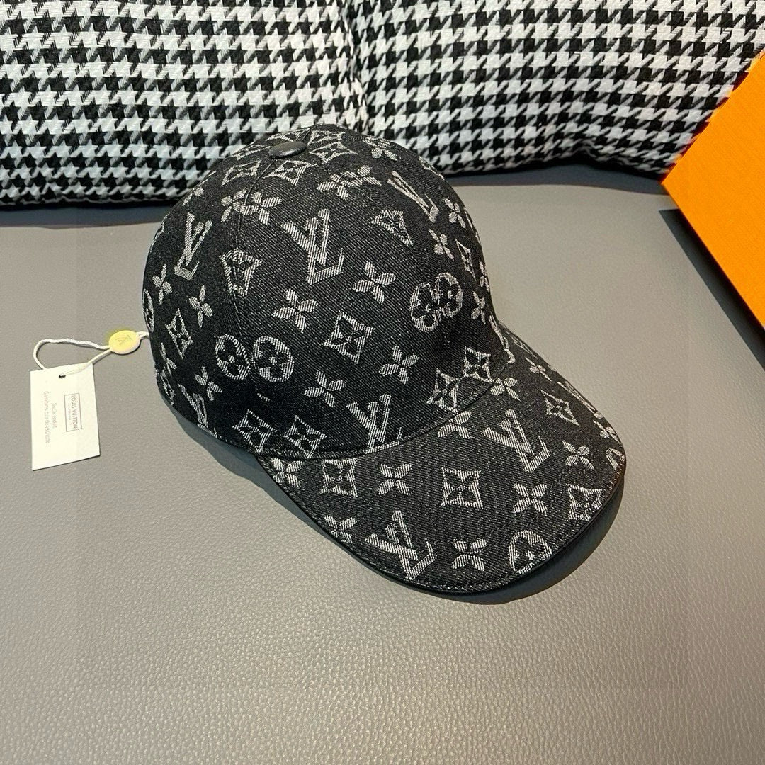 Louis Vuitton monogram baseball cap, black with repeating pattern, curved brim front