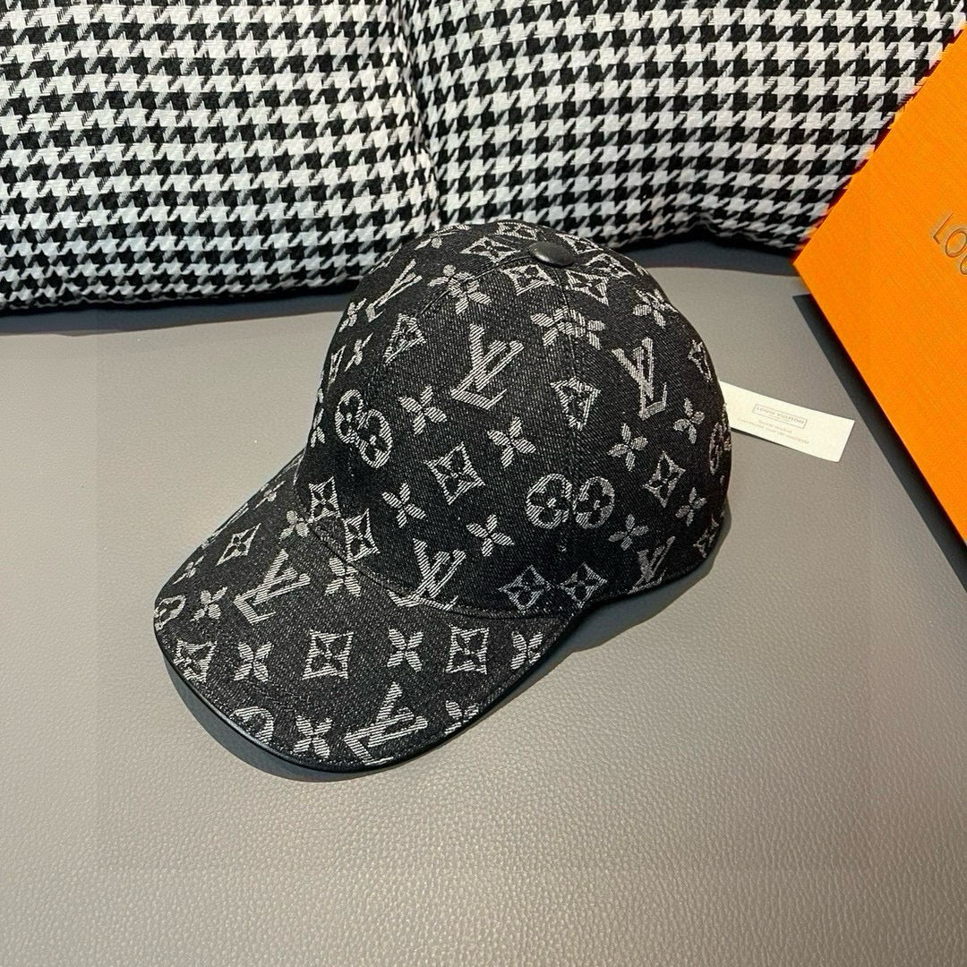 Louis Vuitton monogram baseball cap, black with repeating logo pattern, angled view