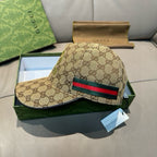 Tan GG-print baseball cap with green/red web stripe on front