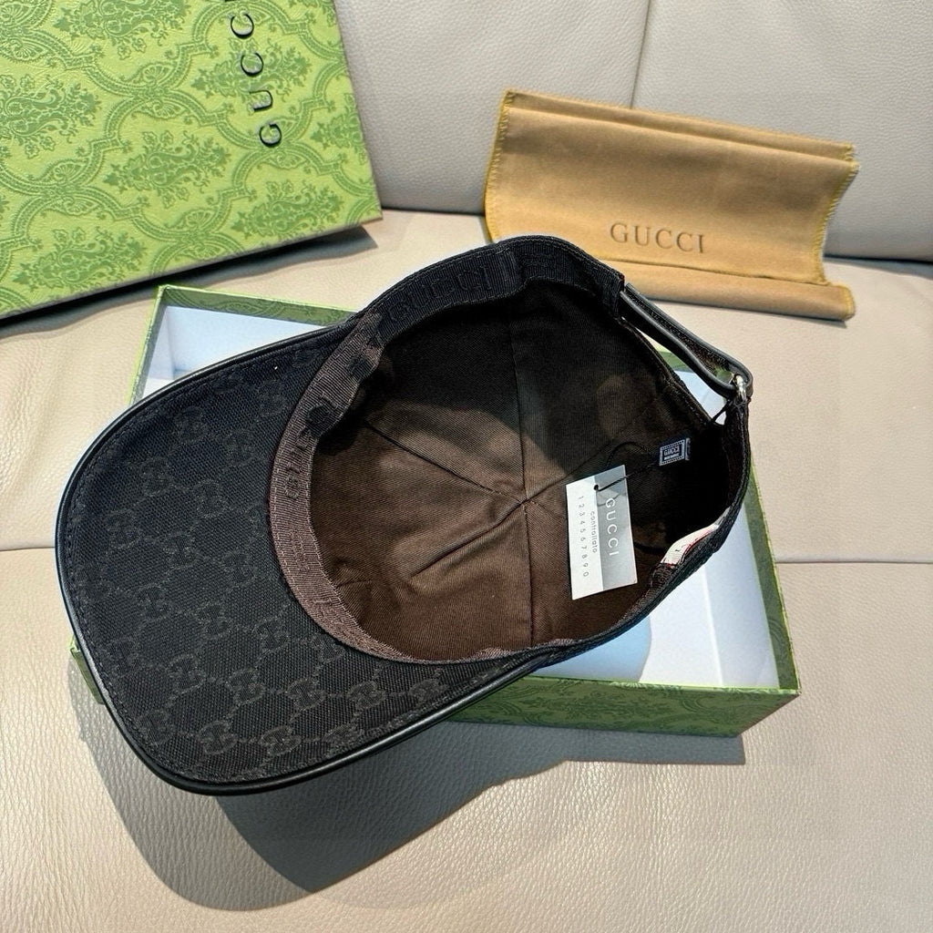 Black Gucci baseball cap interior with brown lining and adjustable back strap.