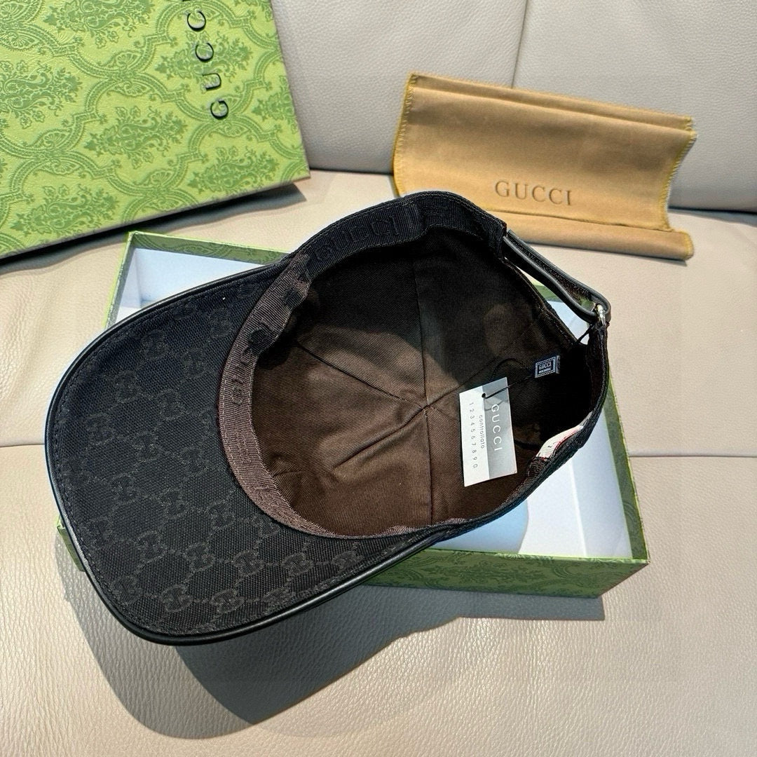 Black Gucci cap inside view with stitched interior lining and adjustable side strap