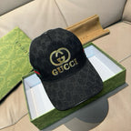 Black Gucci cap with GG monogram pattern and gold logo on front panel