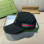 Black Gucci baseball cap with GG pattern and multicolor stripe trim at side.