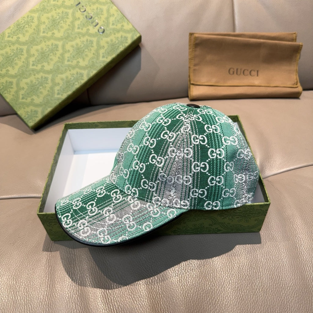 Green GG monogram baseball cap with curved brim, front view.