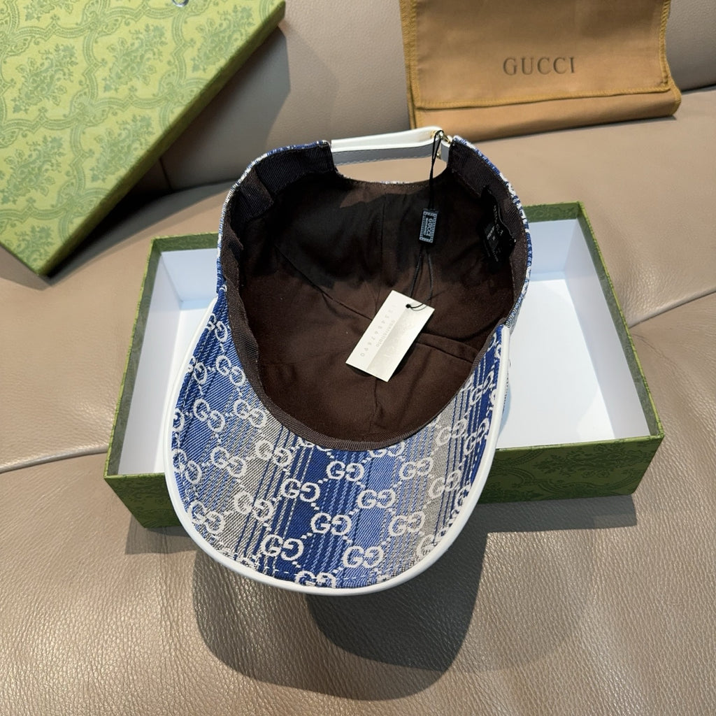 Gucci blue GG monogram cap interior with brown lining and hanging tag