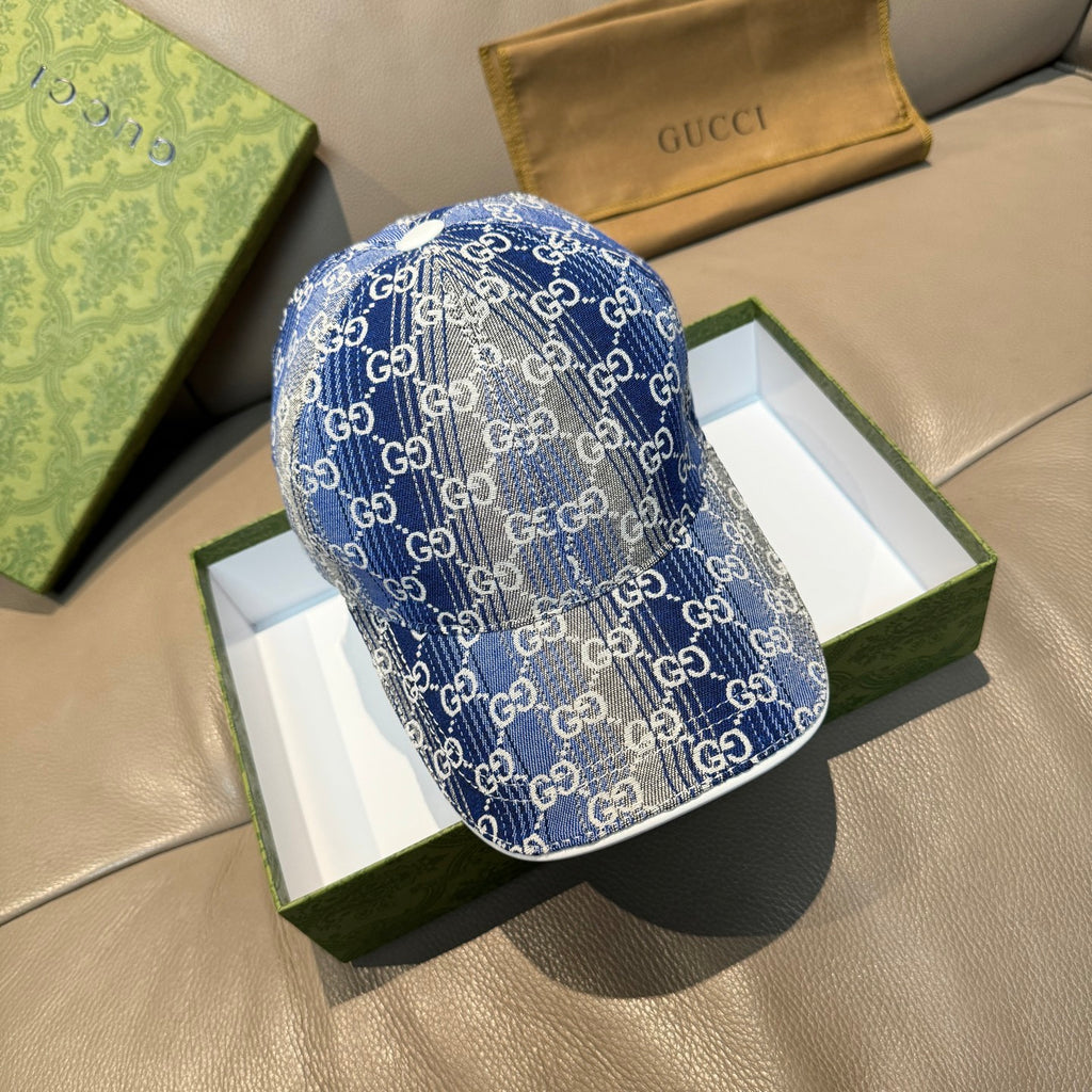 Gucci blue GG monogram baseball cap with white trim and curved brim