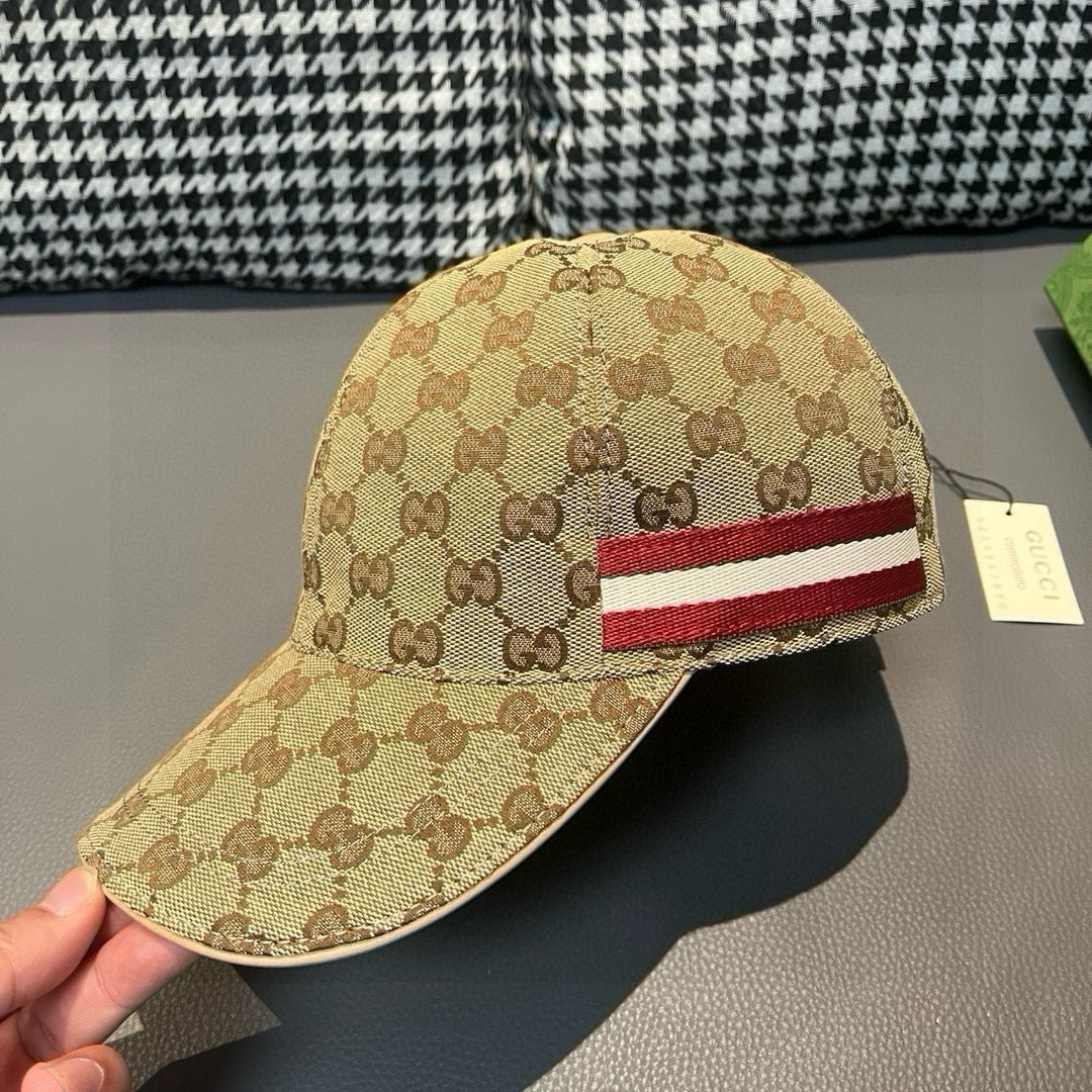 Baseball cap in tan GG canvas with front red-and-white web stripe