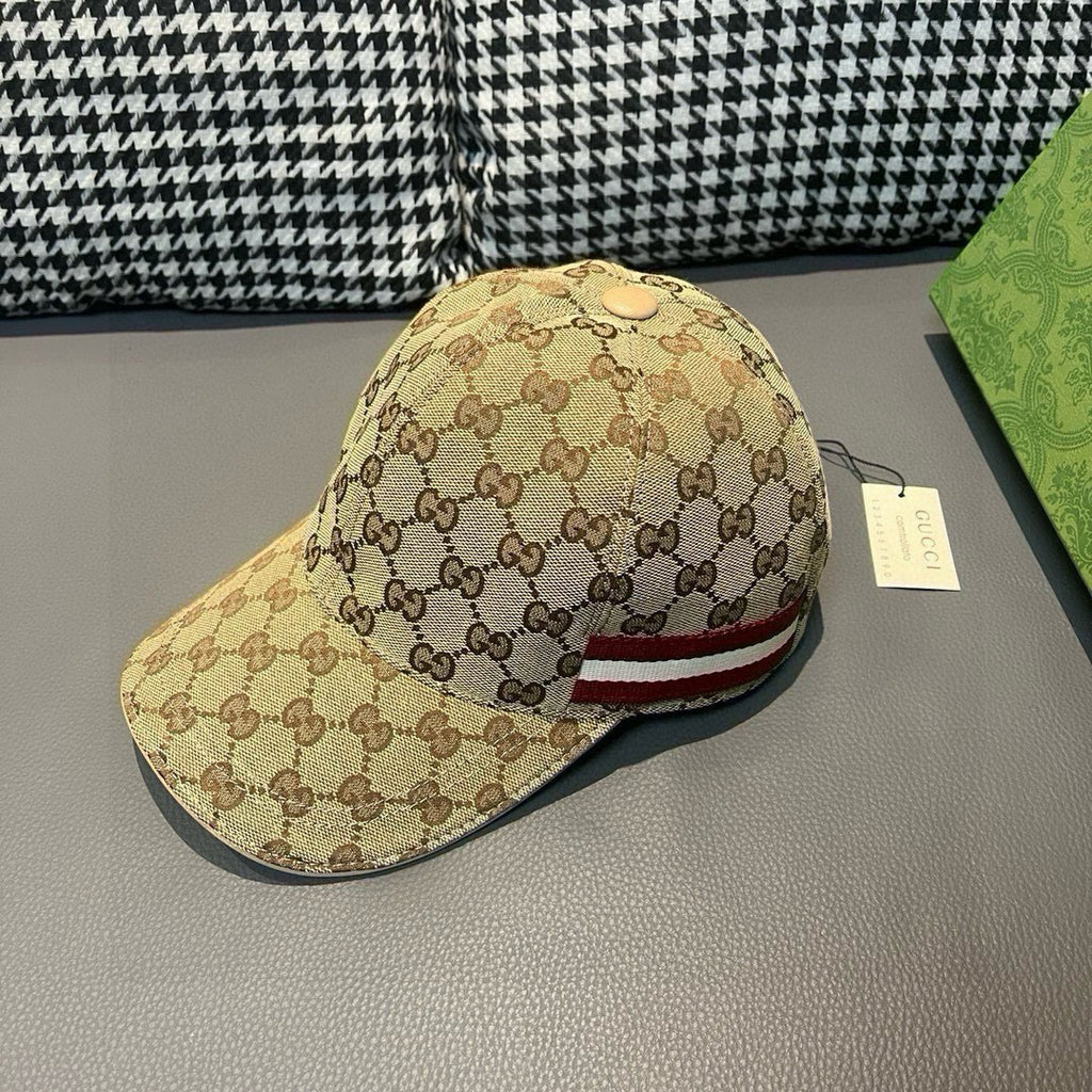 Tan GG baseball cap with red-and-white stripe and curved brim