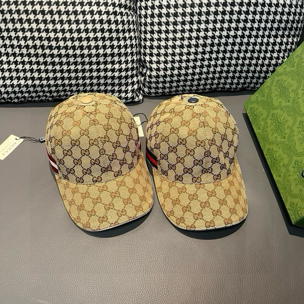 Pair of Gucci baseball caps in beige GG monogram canvas with striped bands