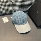 Dior cap with blue logo print crown and white textured brim, side view