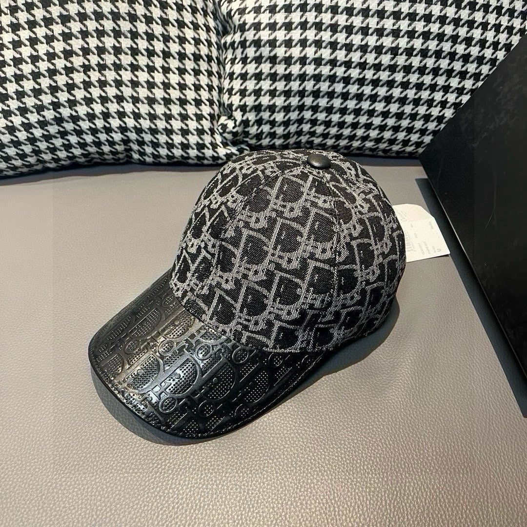 Dior baseball cap side view with textured monogram and perforated dark brim.