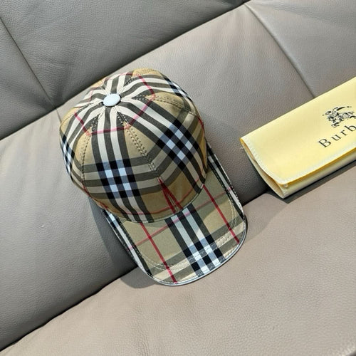 Plaid baseball cap with button top and curved brim; beige, black, white, red