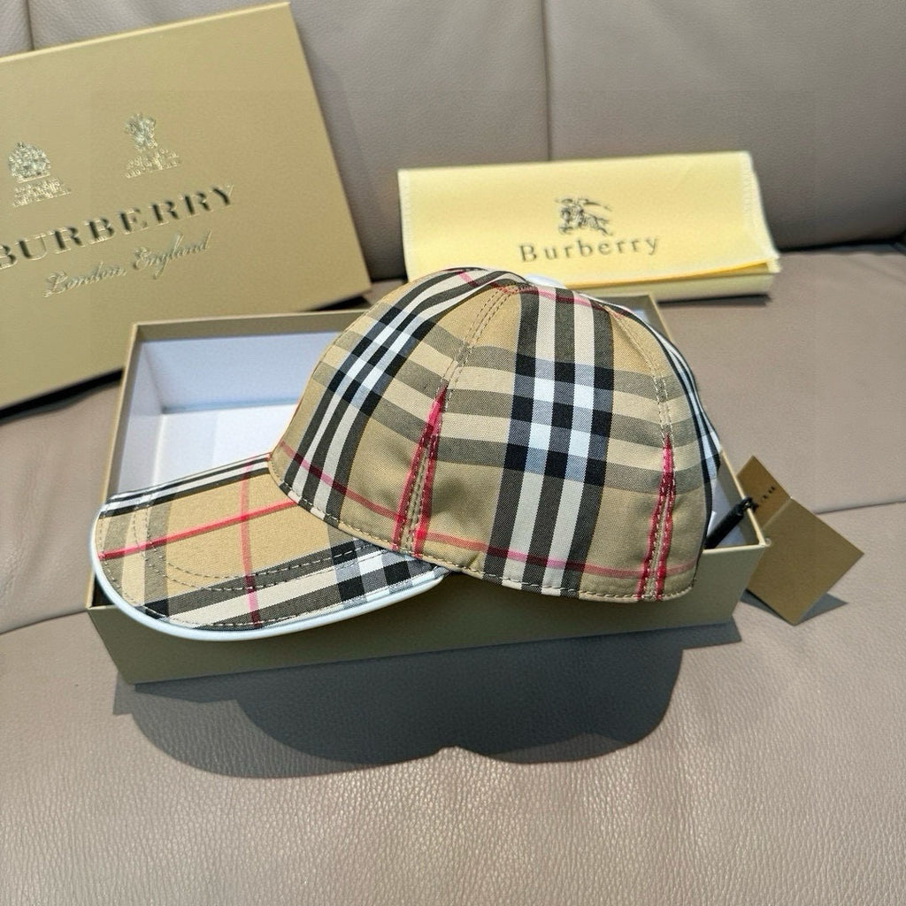 Plaid baseball cap with curved brim and top button; beige, black, white, red