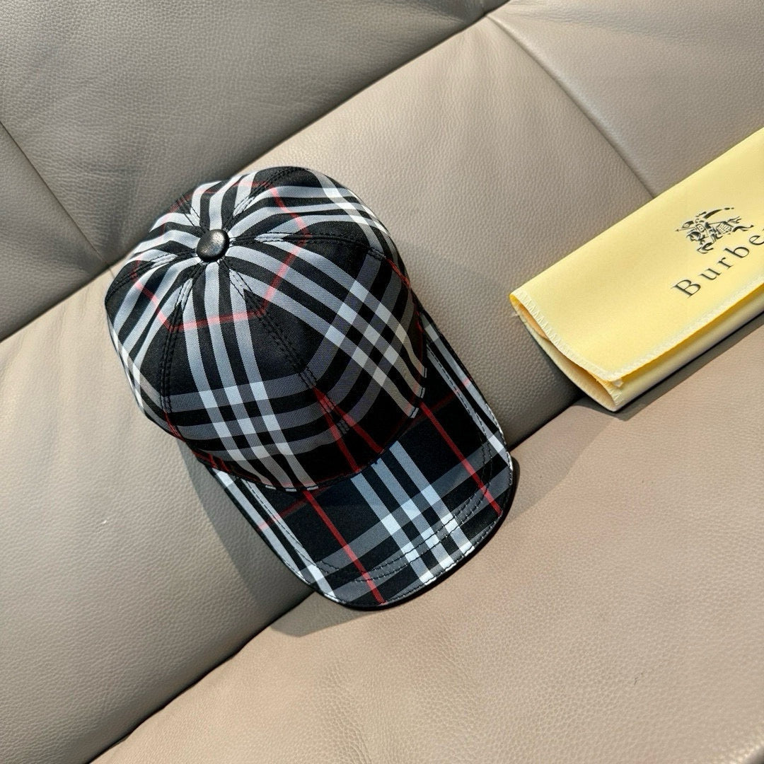 Plaid baseball cap with black, white, and red stripes; curved brim and metal button