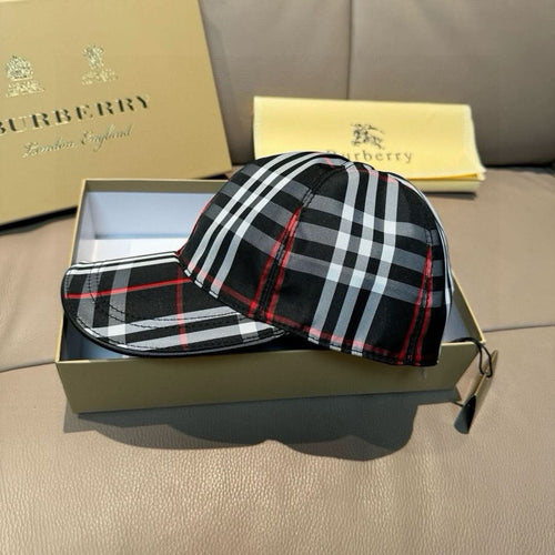 Plaid baseball cap in black, white, and red with curved brim and adjustable side strap