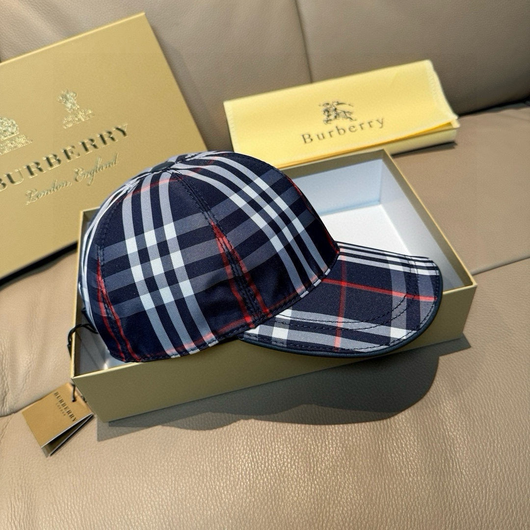 Navy plaid baseball cap with red and white check panels, curved brim