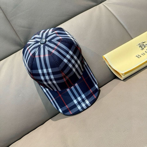 Navy plaid baseball cap with buttoned crown, curved brim