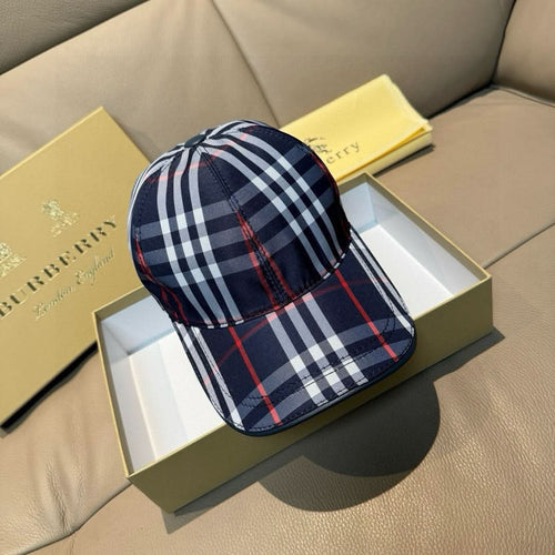 Navy plaid baseball cap with red and white stripes, curved brim
